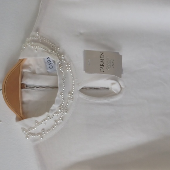 Catherine Malandrino Ivory Pearls Mock Neck Keyhole Front Knit Top - Picture 4 of 8